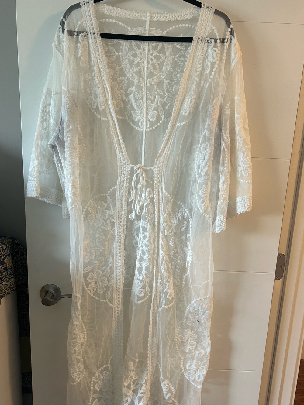 Sheer Embroidered Lace Kimono Robe - White
